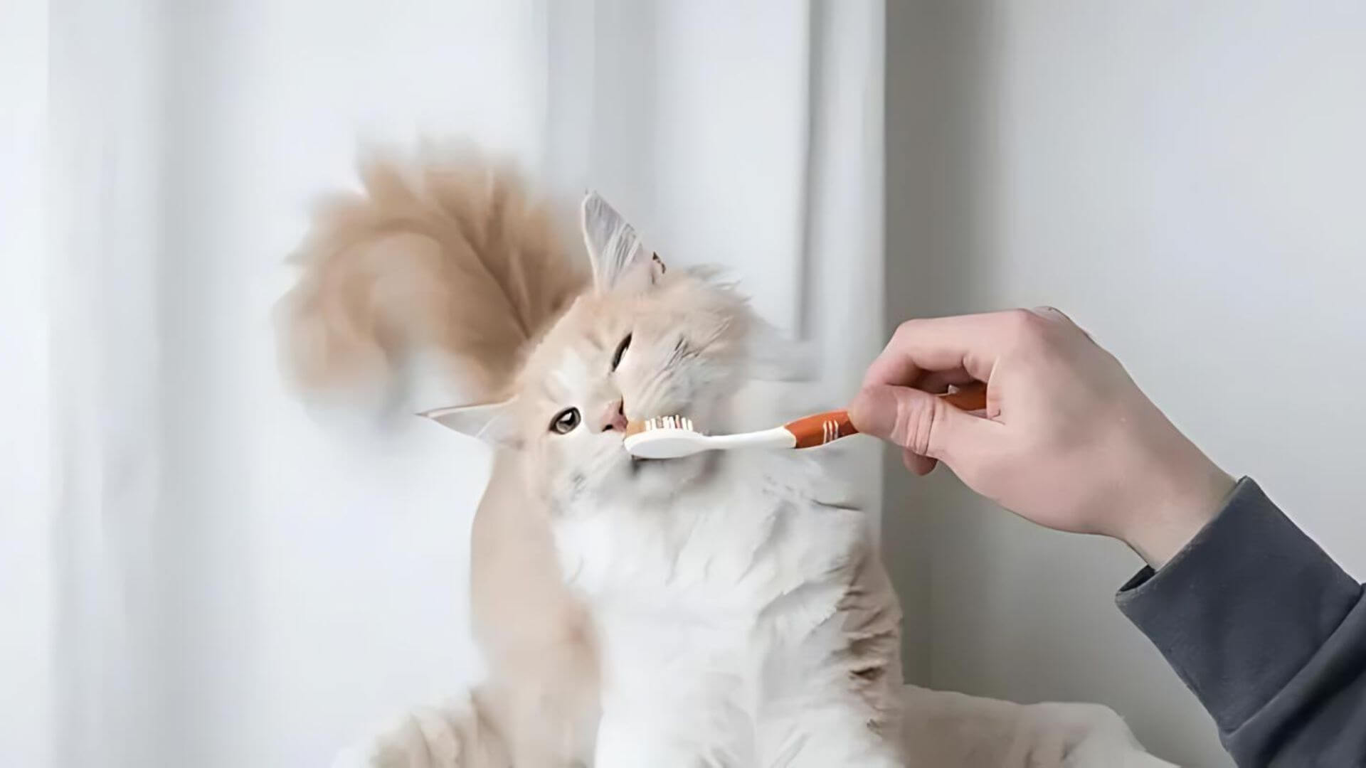 A person brushing cat teeth with a toothbrush